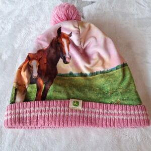 John Deere TODDLER‎ Pink Horse Pom Pom Knit Beanie Winter Hat